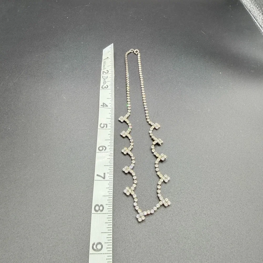 Clear Rhinestone Scalloped Choker Necklace Silver Tone Bridal Wedding Statement